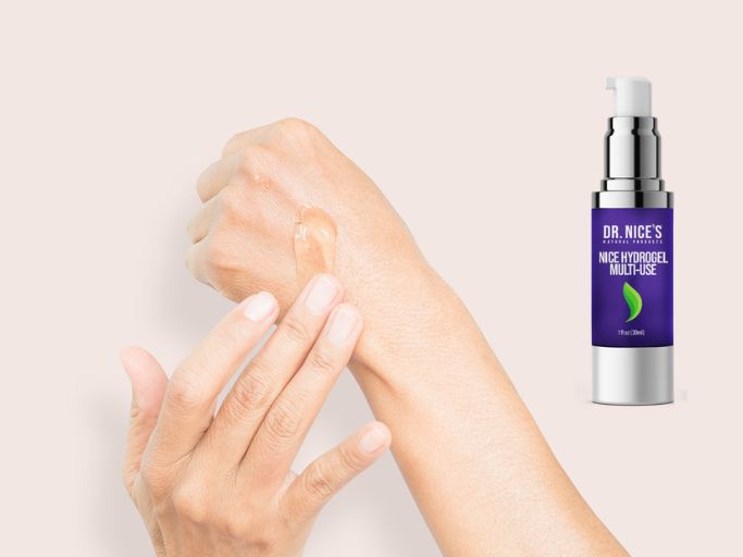 Hands rubbing in gel beside a bottle of Dr. Nice's Hydrogel Multi-Use