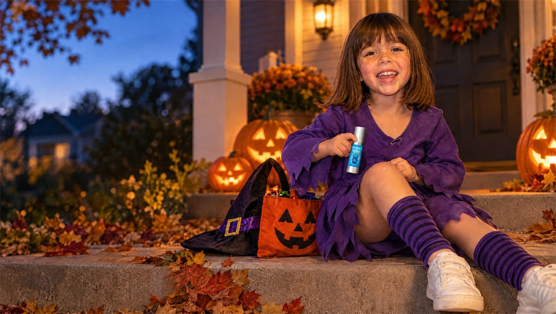 Little witch on a Halloween porch step holding a small bottle of Dr. Nice's Boo-Boo Gel, one pearl-sized drop on her knee