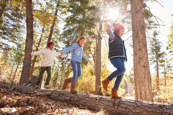 Kids walking along a fallen log in a sunlit pine forest