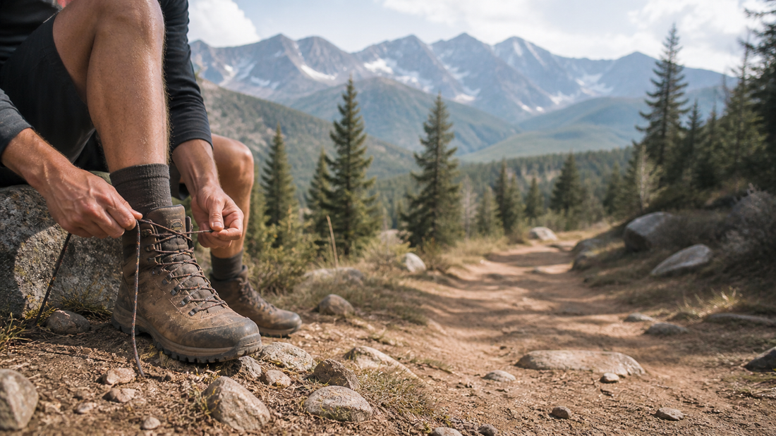 hiker tying boots on a trail before a long hike to prevent blisters
