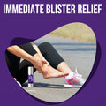 Female runner with foot pain holding her heel beside Dr. Nice's natural anti-chafe and blister relief gel for runners