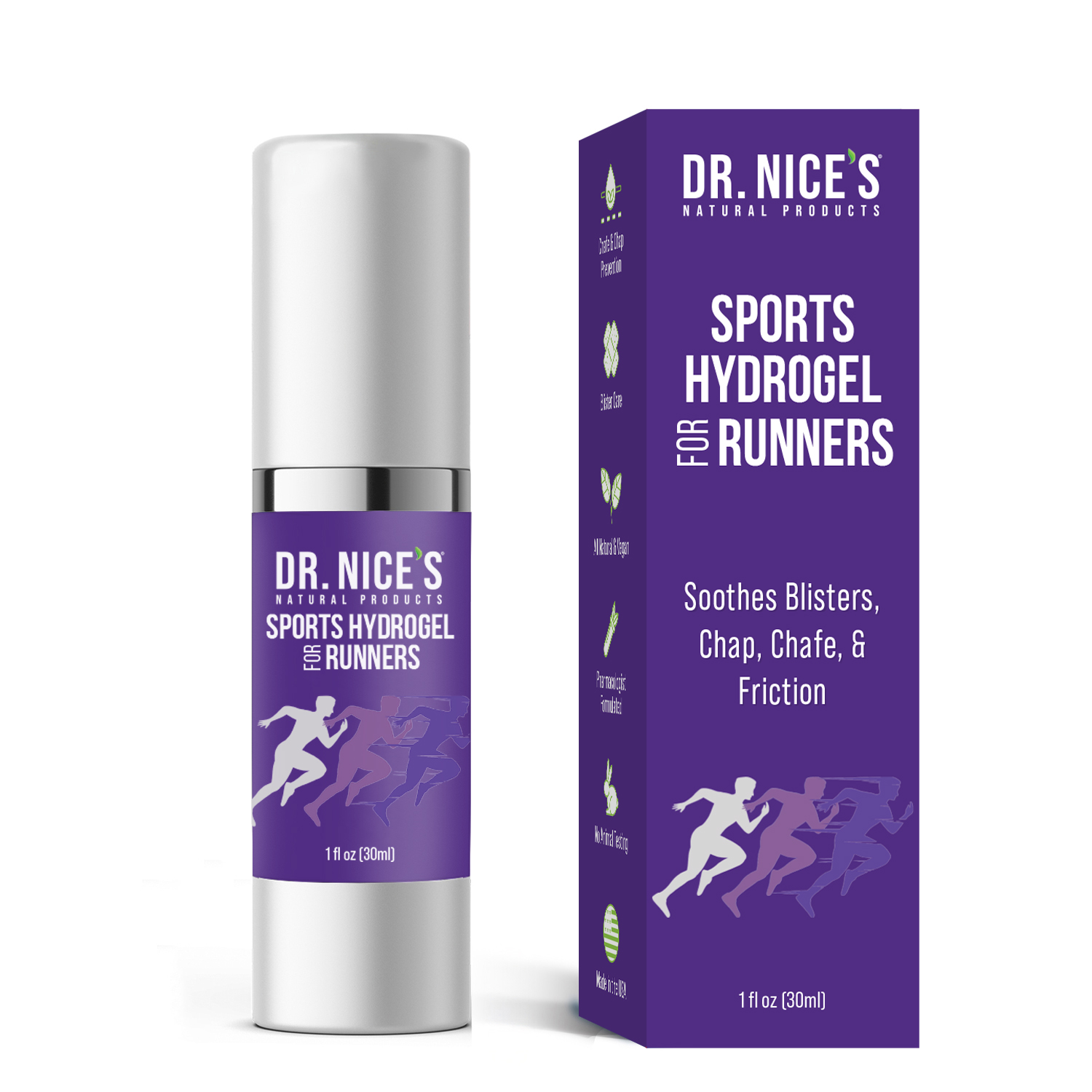 Dr. Nice's natural Sports Hydrogel for Runners, an anti-chafing and blister prevention gel for marathon training and long-distance running