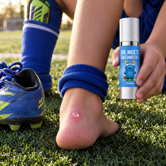 One pearl-sized dot of Kids Sports Gel on a blister on a kid's heel at soccer